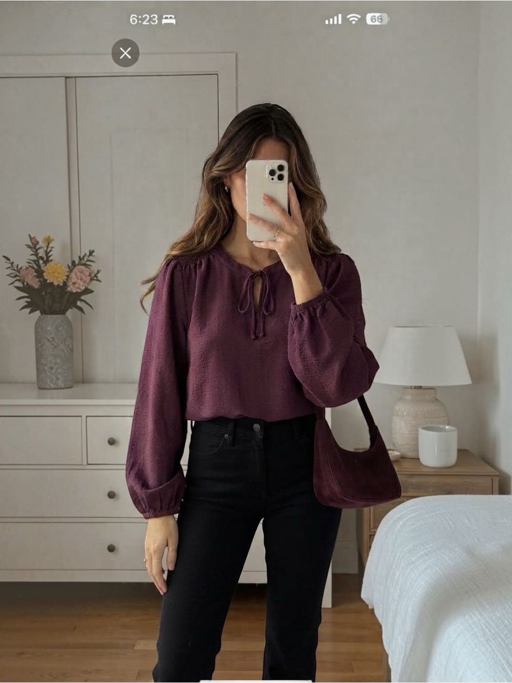 Denver Hayes Plum Purple Tie Neck Blouse Long Sleeve Puff Sleeve Small oversized